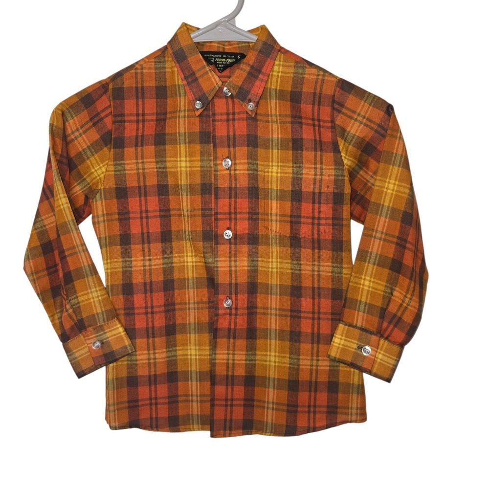 Vintage Sears Kids‎ Boys Button Up Long Sleeve Shirt Size 6 Perma Prest No Iron